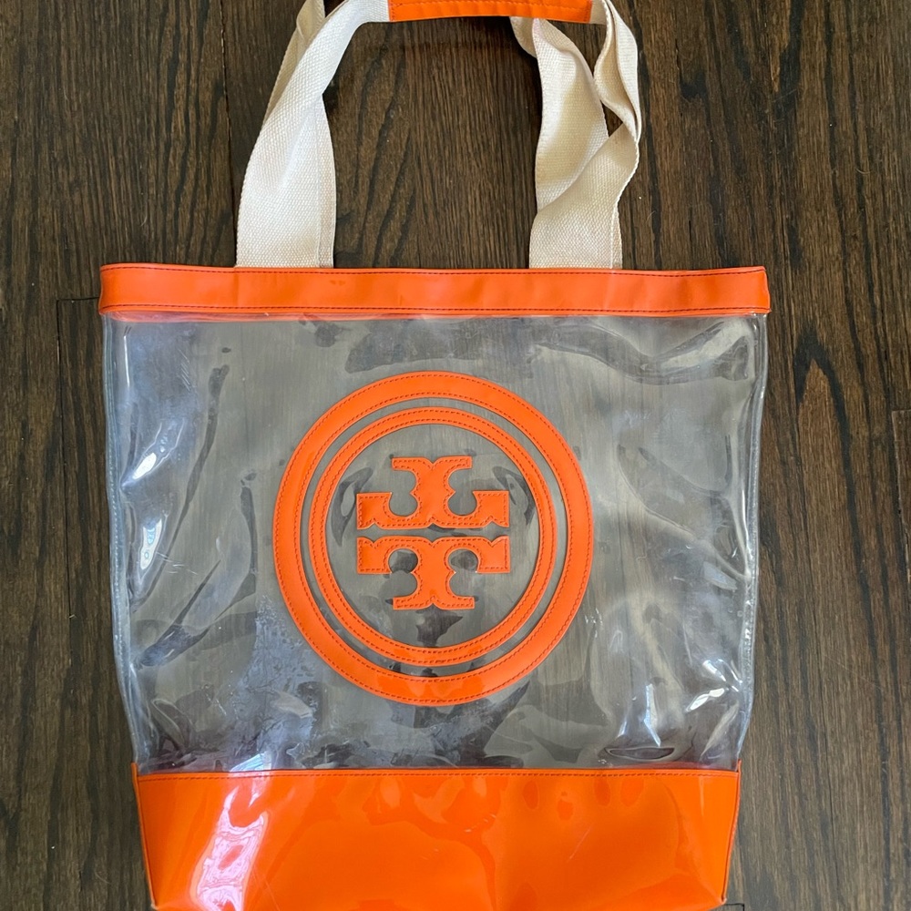 Tory Burch, Ella Orange And Clear Plastic Tote Bag With Large Logo